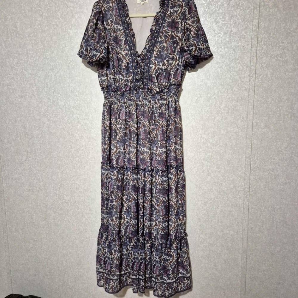 Max Studio Gray and Burgundy Flutter Sleeve Midi Dress..SIZE:L